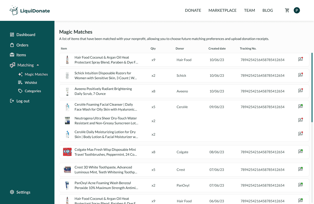LiquiDonate nonprofit Magic Matches dashboard