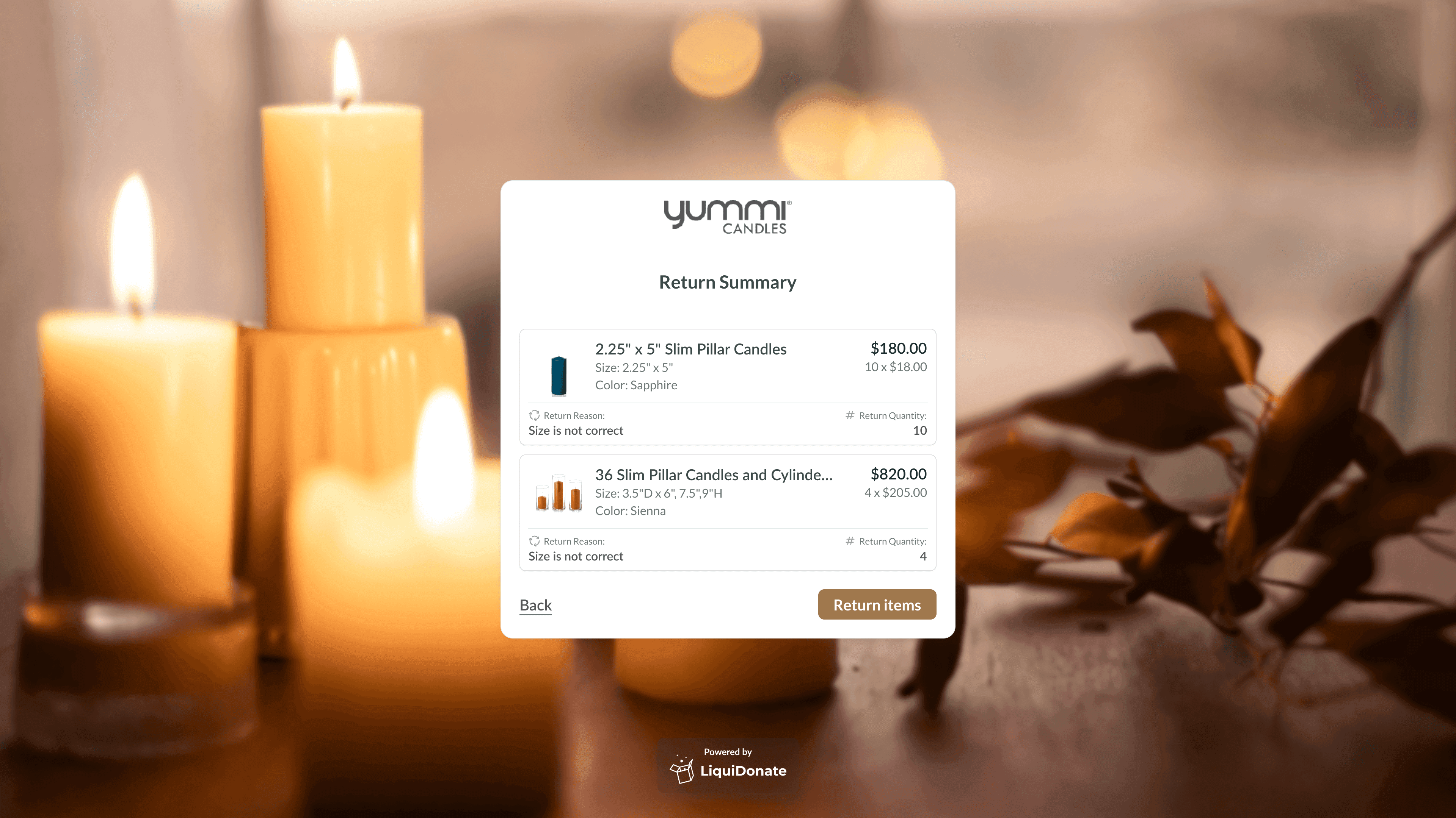 LiquiDonate customer portal return summary