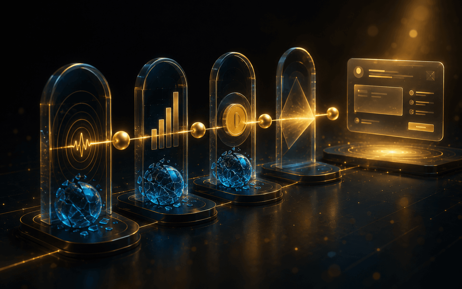 A sequence of validation gates with one golden path through to a focused product