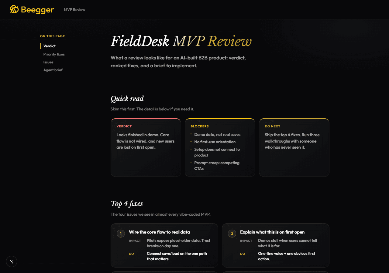 Preview of the FieldDesk MVP Review sample deliverable showing verdict, blockers, and top fixes.